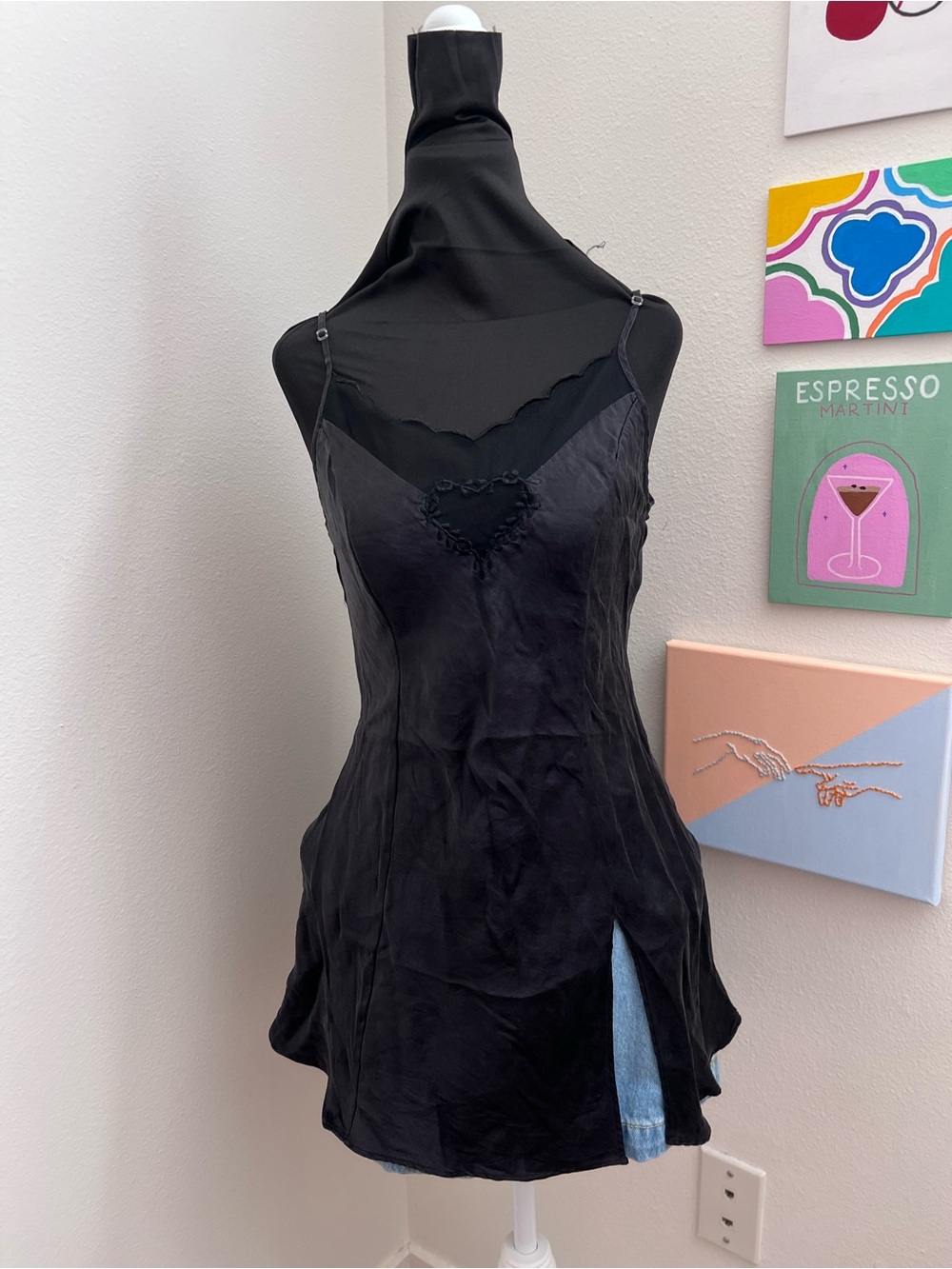 Y2K Black Satin Heart Cutout Cami Tunic Top – Sheer Mesh Slip Mini Dress